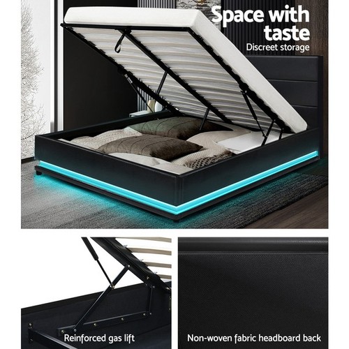 Bed Frame Double Size LED Gas Lift Black LUMI - Picture 7 of 9