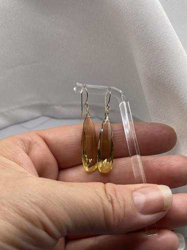 14K Solid Gold Citrine Earrings Natural Briolette Handmade Long Drop 30mm - Picture 8 of 14