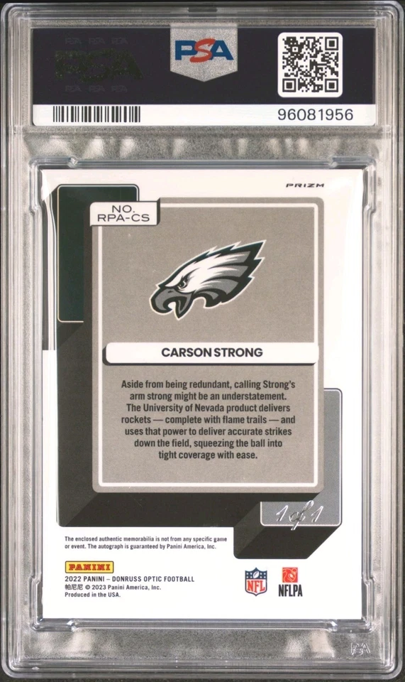 2022 CARSON STRONG DONRUSS OPTIC NFL SHIELD 1/1 GOLD VINYL NFL SHIELD RC PSA 8 - Image 2 of 4