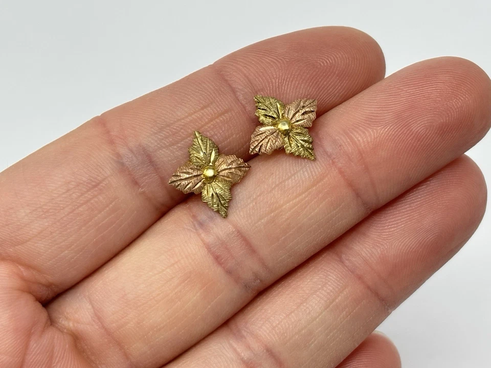 Black Hills Gold 10k Tri Color Etched Leaf Cluster Earrings - Image 2 of 4