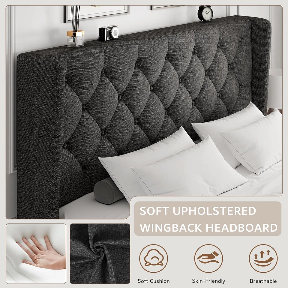 Marco de cama de plataforma tamaño queen con cabecero acolchado con botones marco de cama tapizado Foto 3 de 4