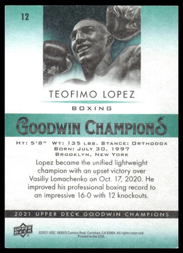 Teofimo Lopez 2021 Upper Deck Goodwin Champions #12 Professional Boxer - Picture 2 of 2