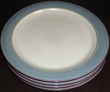 (4) DENBY 'Storm' 10½" DINNER PLATES (Engl): Ivory Center & Banded Blue-Gray Rim