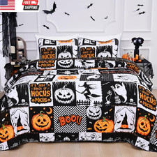 Halloween Quilt Set Queen Size Black Reversible Bedspread Coverlet Set 3Pcs Ligh