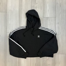 Adidas Originals Adicolor Cropped Hoodie Black Trefoil Stripes Women's Medium