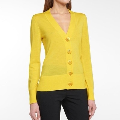 TORY BURCH Yellow Lemon Simone Gold Button Logo V-Neck Boyfriend Cardigan S 4/6