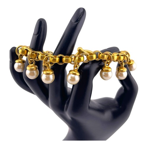 "Brazalete colgante vintage clásico grande imitación perlas tono dorado cierre de palanca de 8""" - Imagen 4 de 10