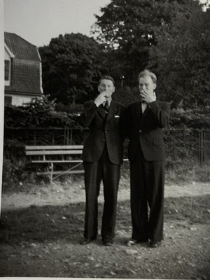   Original Photo 1941 1940s 2 Men Smoking in Suit Wartime Village 6x9