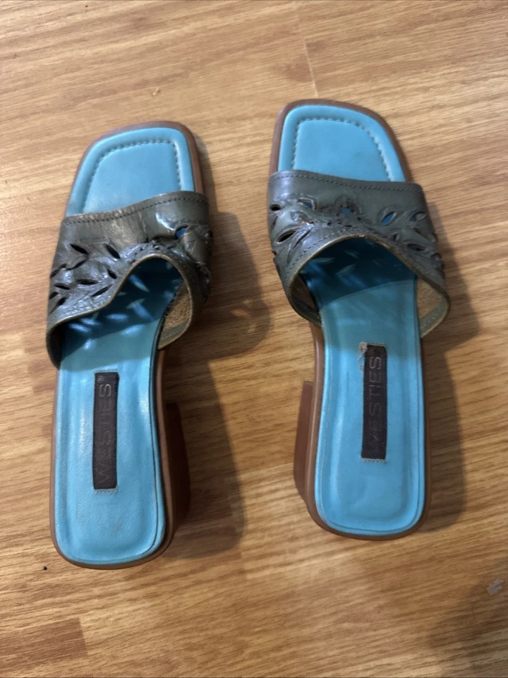 Westies 复古 90 年代蓝色/绿色皮革拖鞋粗跟,尺寸 7M — 第 3/4 张图片