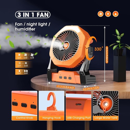 10W Misting Solar Fan 10000mAh Camping Fan Portable with Solar Panel 250ml - Picture 6 of 7