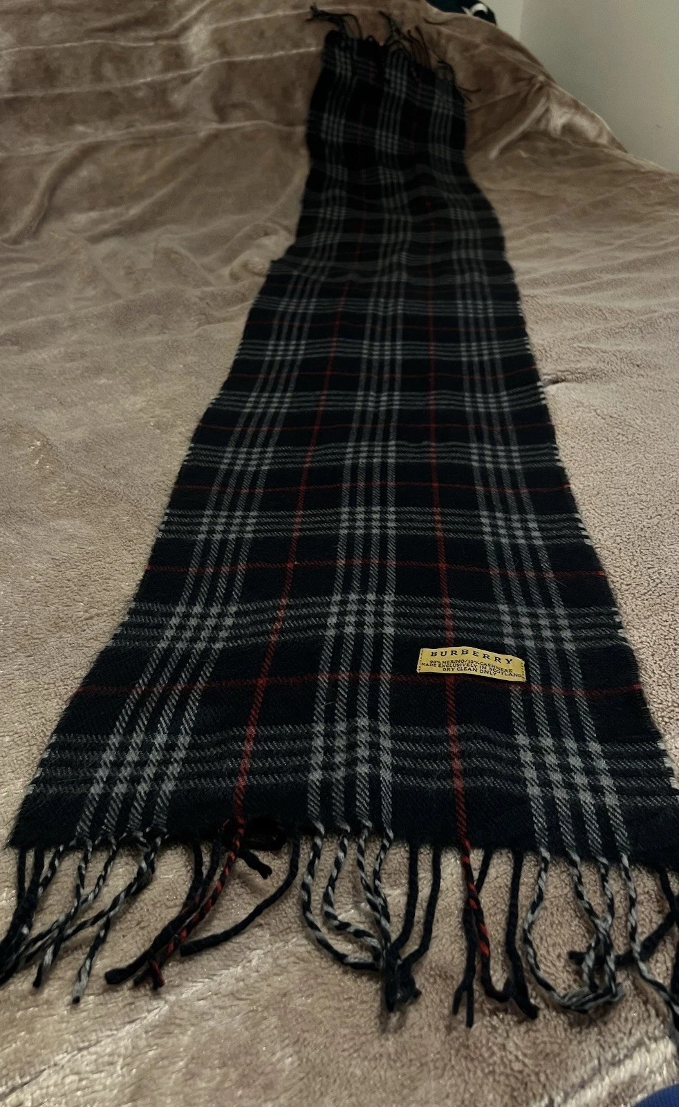 Vintage Burberry 100% Wool cashmere Checked Scarf, Black Red White 61X12 inches