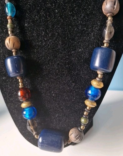 Vintage Chunky Designer LDADPR Signed Long Beaded Necklace Blue & Gold - Picture 2 of 6