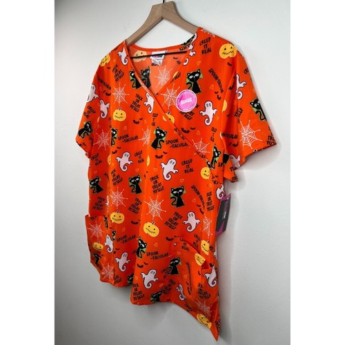 NWT Scrubstar Halloween Scrub Top Orange Fall Scrubs 2X Pumpkins & Cats & Ghosts - Picture 7 of 12