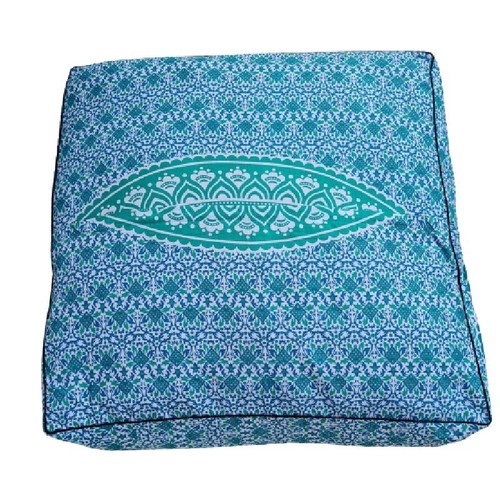 Boho Large Square Floor Cushion Cover Cotton Hand Printed - Teal & White Mandala - Picture 3 of 3