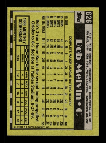Bob Melvin ⚾ 1990 Topps Béisbol #626 Baltimore Orioles - Imagen 2 de 2