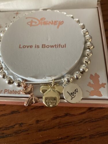 Disney Minnie Mouse Silver Plated Bead Charm Stretch Bracelet Love is Bowtiful - Picture 2 of 8
