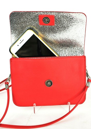 CELL PHONE CROSSBODY Organizer Shoulder Bag Red Vegan Leather Silver Lining - Picture 12 of 12