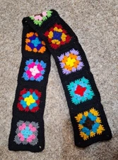 Vintage Handmade Crochet Granny Square Hippie Black Scarf  Boho Free Spirit