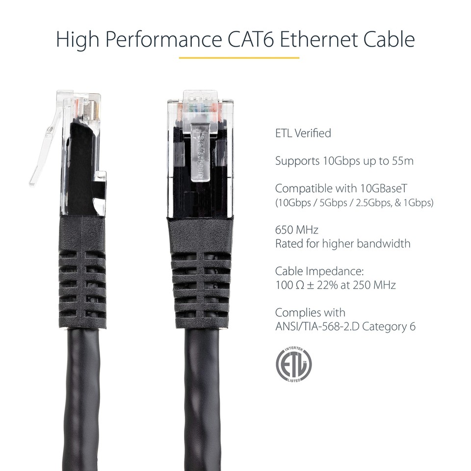 50ft CAT6 Cable Black CAT 6 Gigabit Wire 650MHz