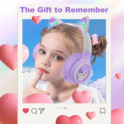 Rigwig AKZ-60 Kids Cat Ear Bluetooth Headphones LED Mic 85dB Foldable Wireless - Picture 42 of 60