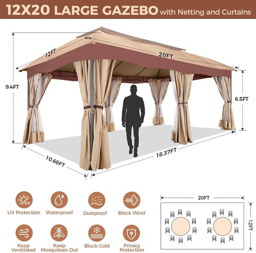 12x20 Outdoor Gazebo with Curtain & Nettings Heavy Duty Patio Tent Metal Frame# - Picture 31 of 95