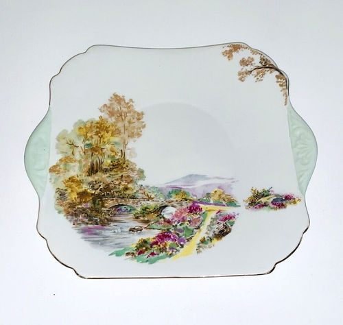 Shelley - Heather, tab handled cake / gateau plate with green handle - Picture 2 of 6