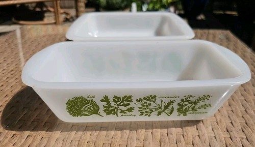 Vintage Glasbake J522 J235 J2428 Milk Glass Green Herb Garden Loaf Oval Square - Picture 3 of 8