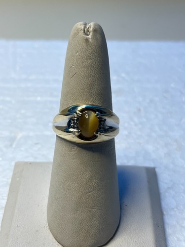 10K 2 TONE YELLOW/WHITE GOLD SYNTHETIC TIGERS EYE MAN'S BAND-CABICHON - Picture 1 of 4