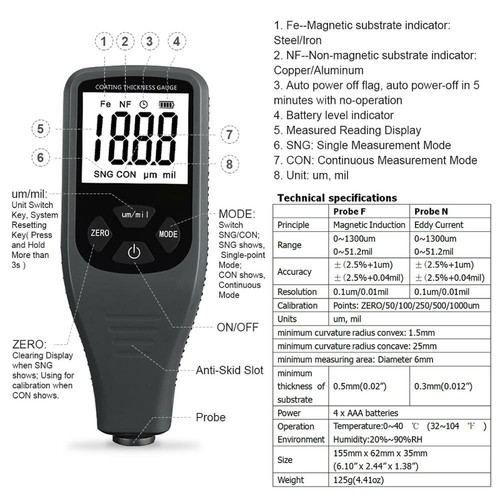 Coating Thickness Gauge Car Paint Tester 0~1300 um Integral Probe F&NF Auto Off - Picture 5 of 8