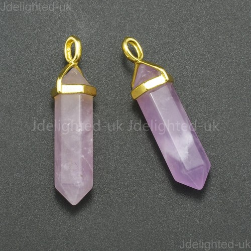 Natural Gemstone Hexagonal Point Reiki Chakra Pendant Real Leather Necklace Gold - Picture 6 of 41