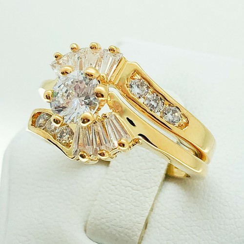 Juego de 2 anillos de compromiso de boda de 2 piezas de circonio de joyería blanca enchapados en oro amarillo para mujer R2433 - Imagen 3 de 8