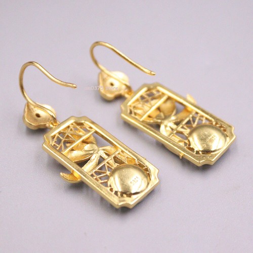 18K Gold Cover Real 925 Sterling Silver Women Paint Lotus Jadeite Earrings Hook - Picture 3 of 5