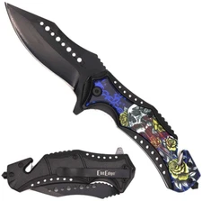 Skull and Roses Spring Assisted Open Rescue Folding Pocket Knife