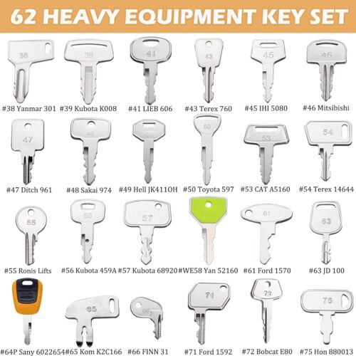 62 Heavy Equipment Key Master Set Cat John Deere JCB Komatsu Kubota Volvo Case - Picture 3 of 5