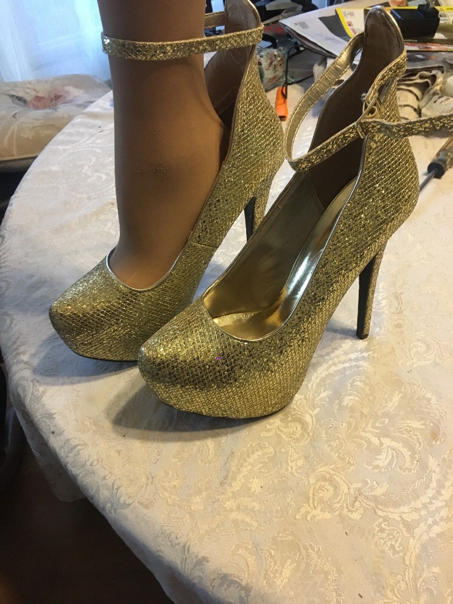 BRECKELLE S Gold Glitter 2 Platform 6 High Heels Stilettos Shoes Size 10 eBay
