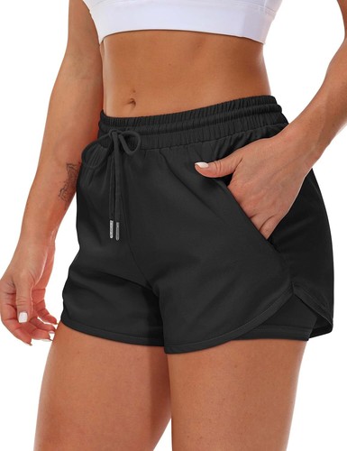 Women’s Double Layer Running Shorts with 3 Zipper Pockets Elastic Waistband - Picture 44 of 61