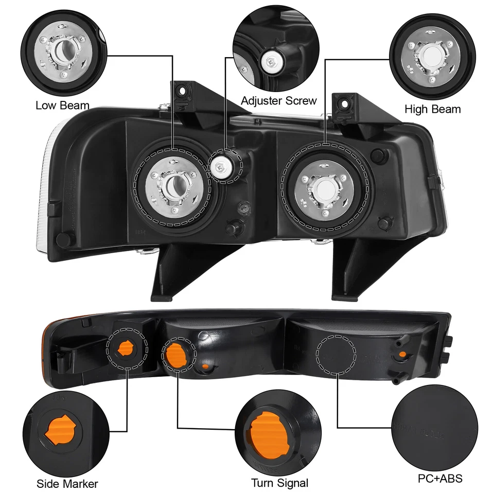 4Pcs Headlights+Turn Signal Lamp Black/Amber For 03-23 Express/Savana 1500-4500  - Image 3 of 4