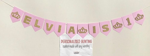 PINK & GOLD PRINCESS CROWN, CUSTOM PERSONALISED WORDING PARTY BUNTING BANNER - Picture 14 of 19