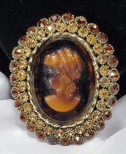 Vintage Gold Victorian Revival Dodds Rhinestone Cameo Brooch Pin