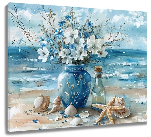 Arte de pared planta azul flor silvestre océano playa lienzo decoración para sala de estar dormitorio - Imagen 13 de 15