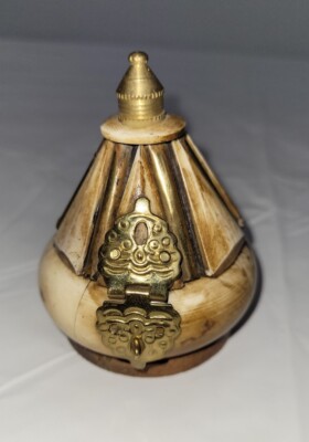Vintage Camel Bone & Brass Hinged Velvet Lined Trinket Box Unique Shape 3''