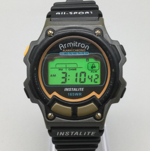Vtg Armitron Instalite Digital Watch Men 40mm Black Green Alarm New Battery - 第 1/14 張圖片