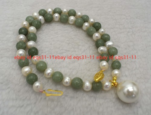 Natural 7-8mm White Pearl &8mm Green Jade & Shell Pearl Pendant Necklace 18'' - Picture 2 of 12