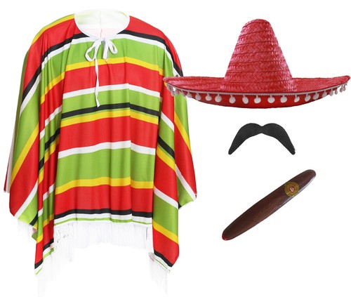 MEXIKANISCHES KOSTÜM PONCHO SOMBRERO TASH ZIGARRE WILD WESTERN BANDIT HERREN - Bild 14 von 15