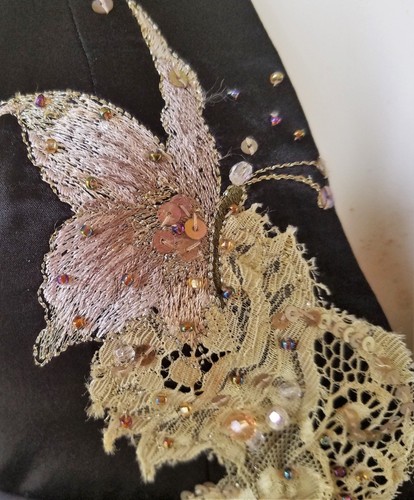 New ADRIANNA PAPELL Boutique Black Silk Chiffon Dress 6 Embroidered Lace - Picture 3 of 5