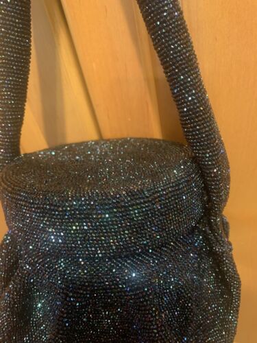 Round Blue Iridescent Beaded Box Purse with Removable Lid Vintage - Picture 3 of 9