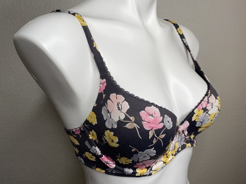 VICTORIAS SECRET 32D Lined Demi Bra Gray Pink Floral Pattern Body By Victoria - Picture 2 of 10