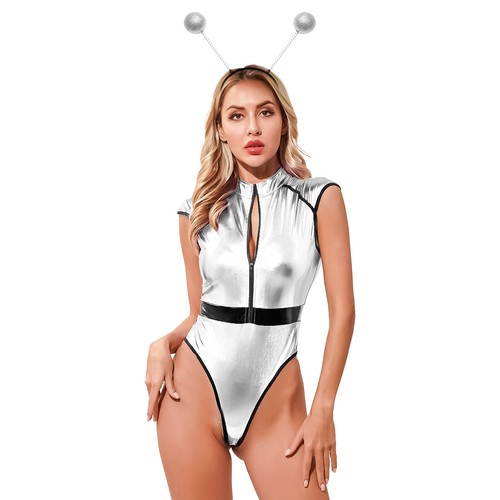 UK Womens Alien Cosplay Outer Space Leotard Metallic Bodysuit Halloween Costume - Picture 56 of 62