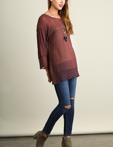Umgee Pullover Oberteil 3/4 Arm leicht transparent Häkelsaum rot Bohne S  - Bild 5 von 5