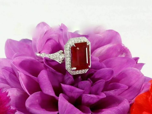 AAA 3.20 Ct Emerald Cut Ruby & Diamond Engagement Ring 14K Solid White Gold - Picture 3 of 9